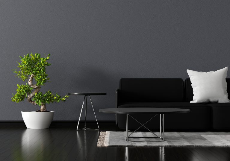 Black sofa in living room with blank table for mock up,3D render