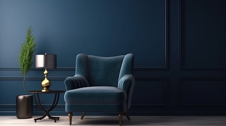 Blue armchair against blue wall in living room interior. Elegant interior design with copy space