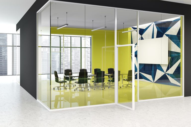 Bright yellow office conference room, poster side